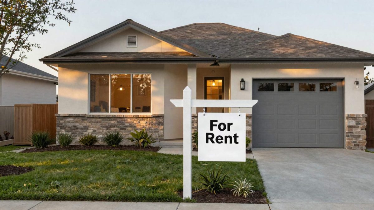 Cozy rental investment property house exterior with a for-rent sign