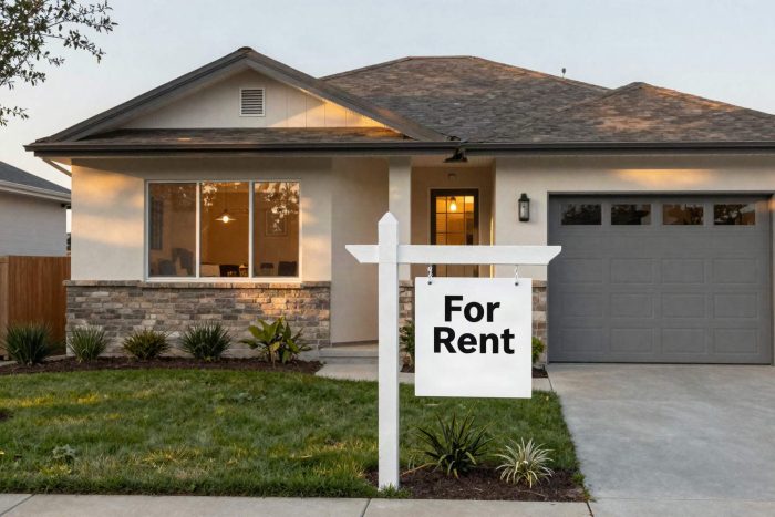 Cozy rental investment property house exterior with a for-rent sign