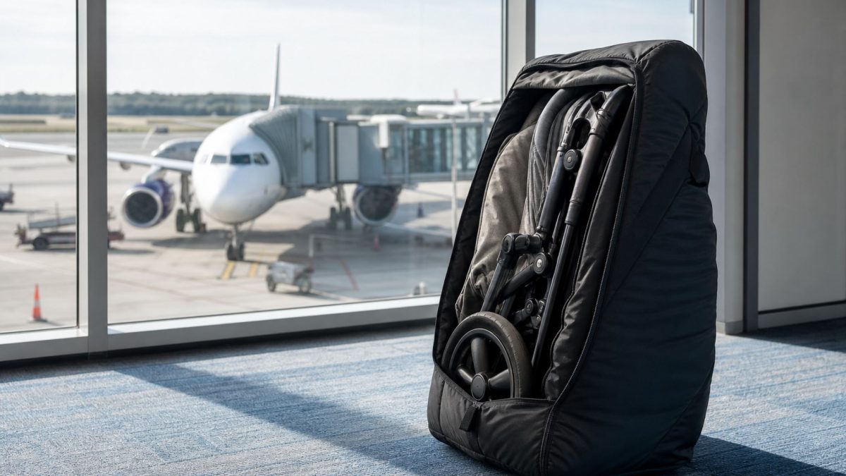 A folded stroller in a padded travel bag at an airport gate with a plane visible outside