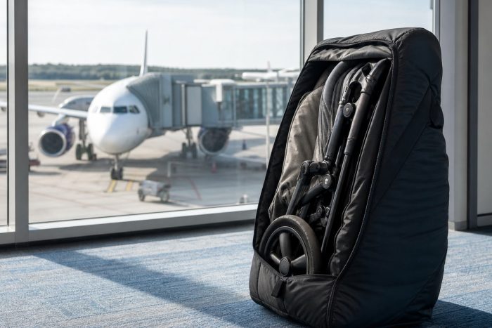 A folded stroller in a padded travel bag at an airport gate with a plane visible outside