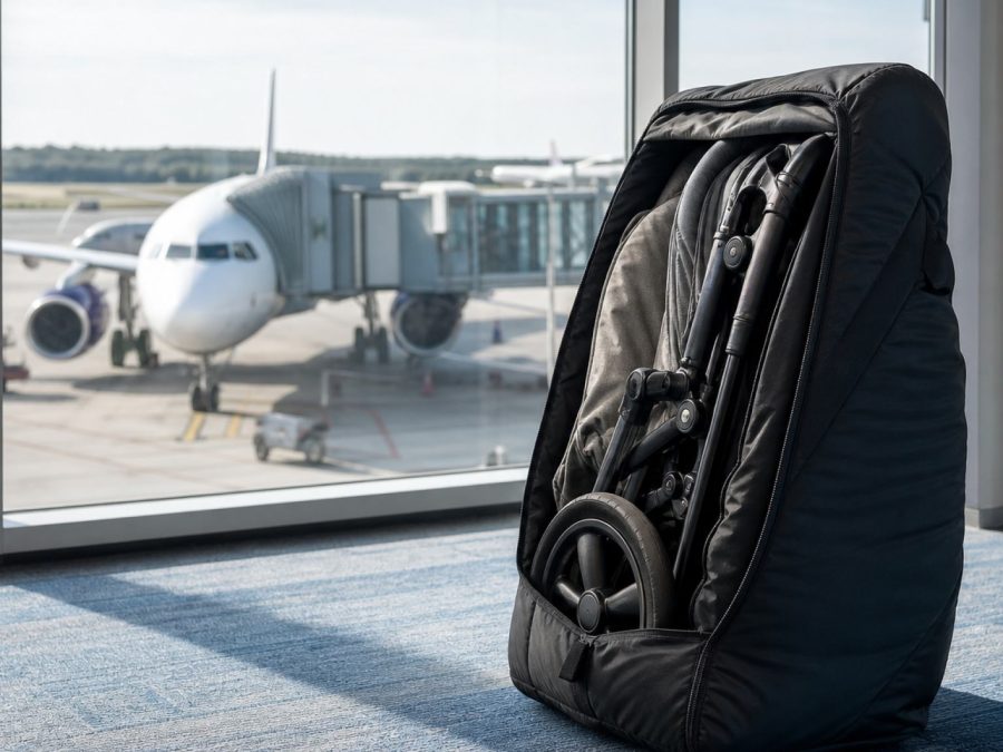 A folded stroller in a padded travel bag at an airport gate with a plane visible outside