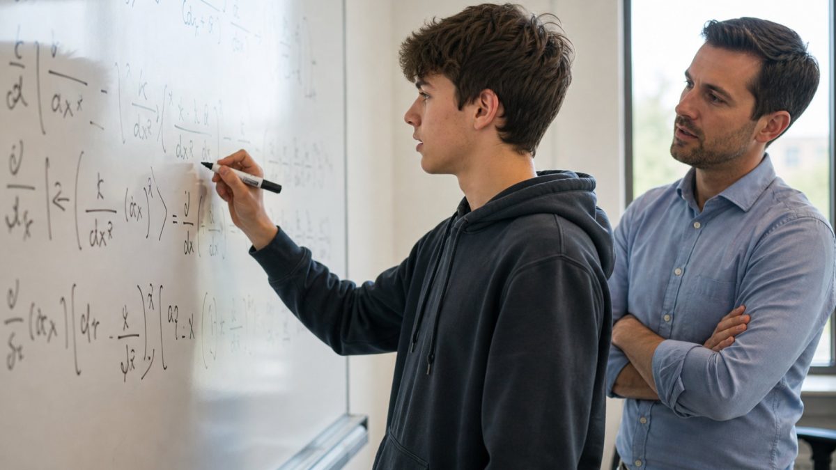 A student working through calculus equations on a whiteboard with a tutor nearby