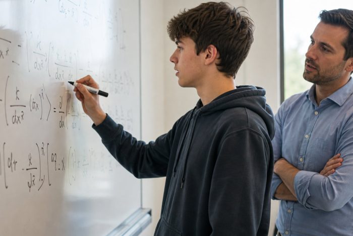 A student working through calculus equations on a whiteboard with a tutor nearby