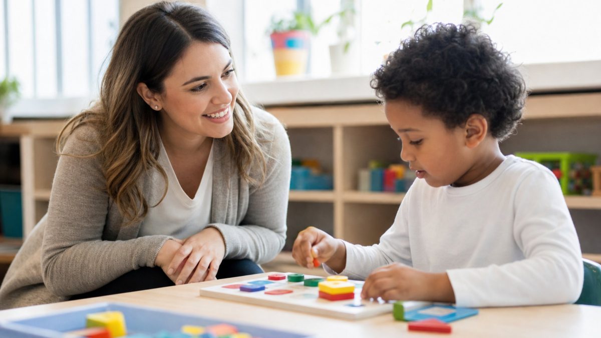 A supportive teacher smiling encouragingly while a child works on a hands-on learning task