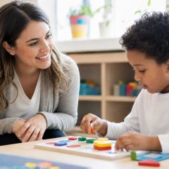 A supportive teacher smiling encouragingly while a child works on a hands-on learning task