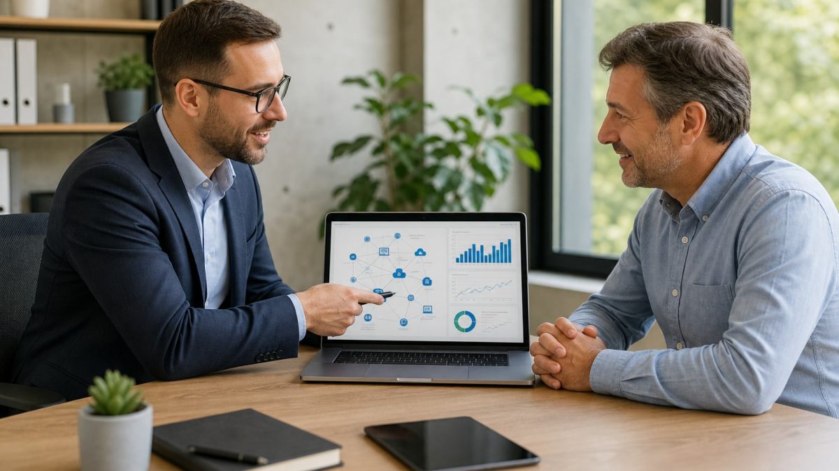 Tech consultant pointing at laptop dashboard while meeting with a small business owner