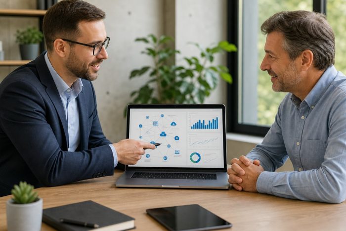 Tech consultant pointing at laptop dashboard while meeting with a small business owner