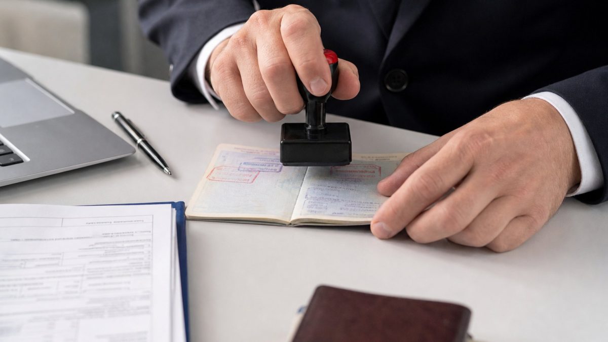 An official stamping a passport with a visa approval stamp