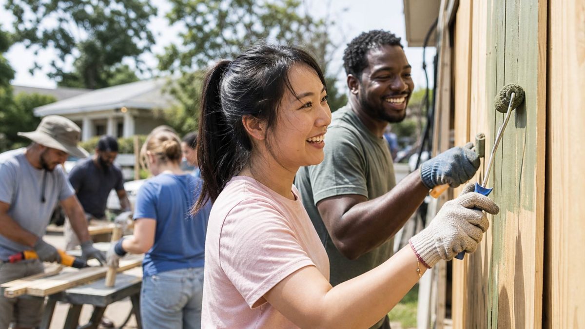 Diverse volunteers smiling while working together on a community building project
