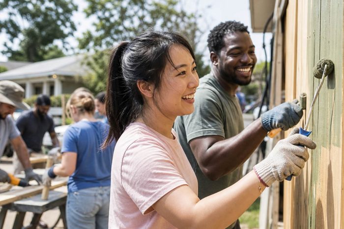 Diverse volunteers smiling while working together on a community building project