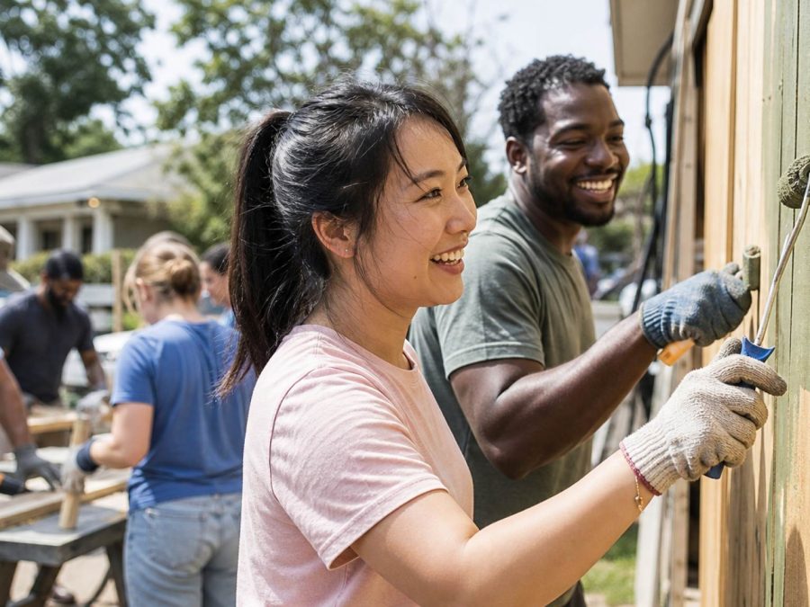 Diverse volunteers smiling while working together on a community building project