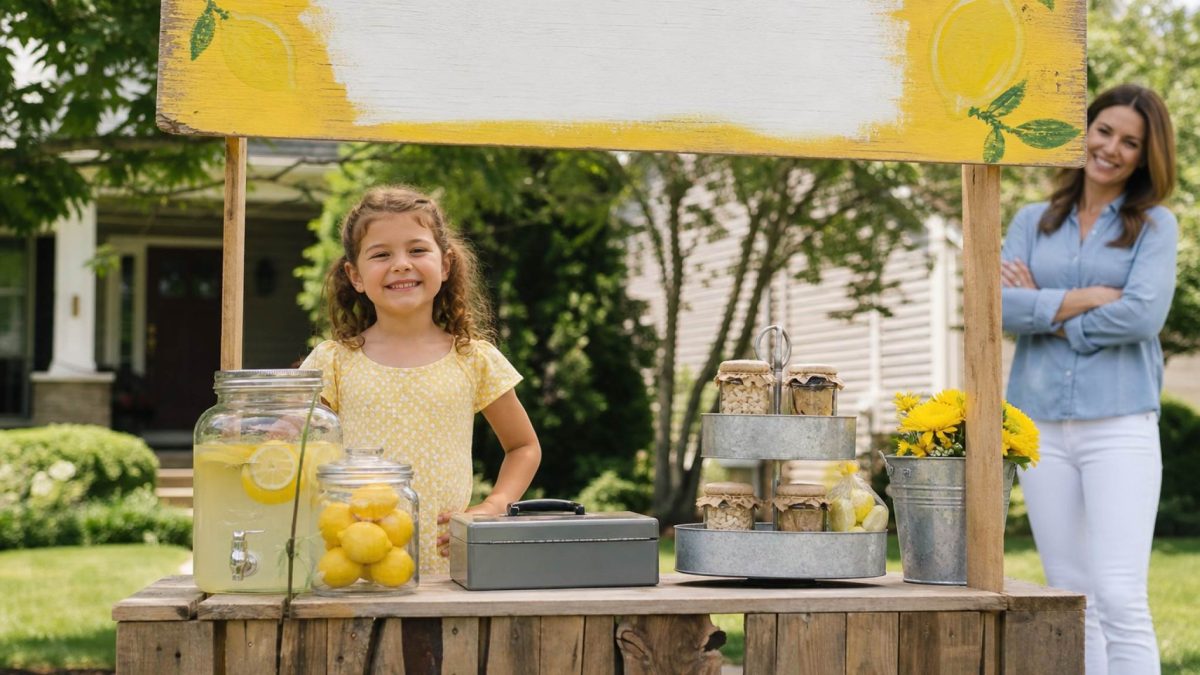 A proud child running a lemonade stand while a parent looks on supportively