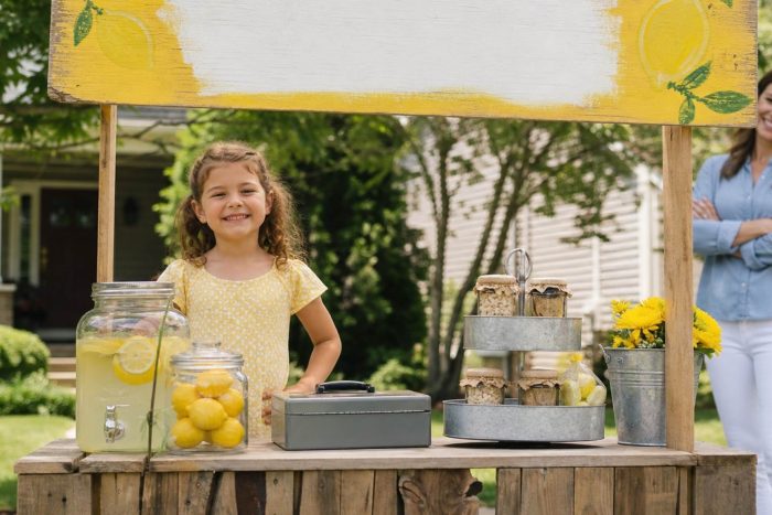A proud child running a lemonade stand while a parent looks on supportively